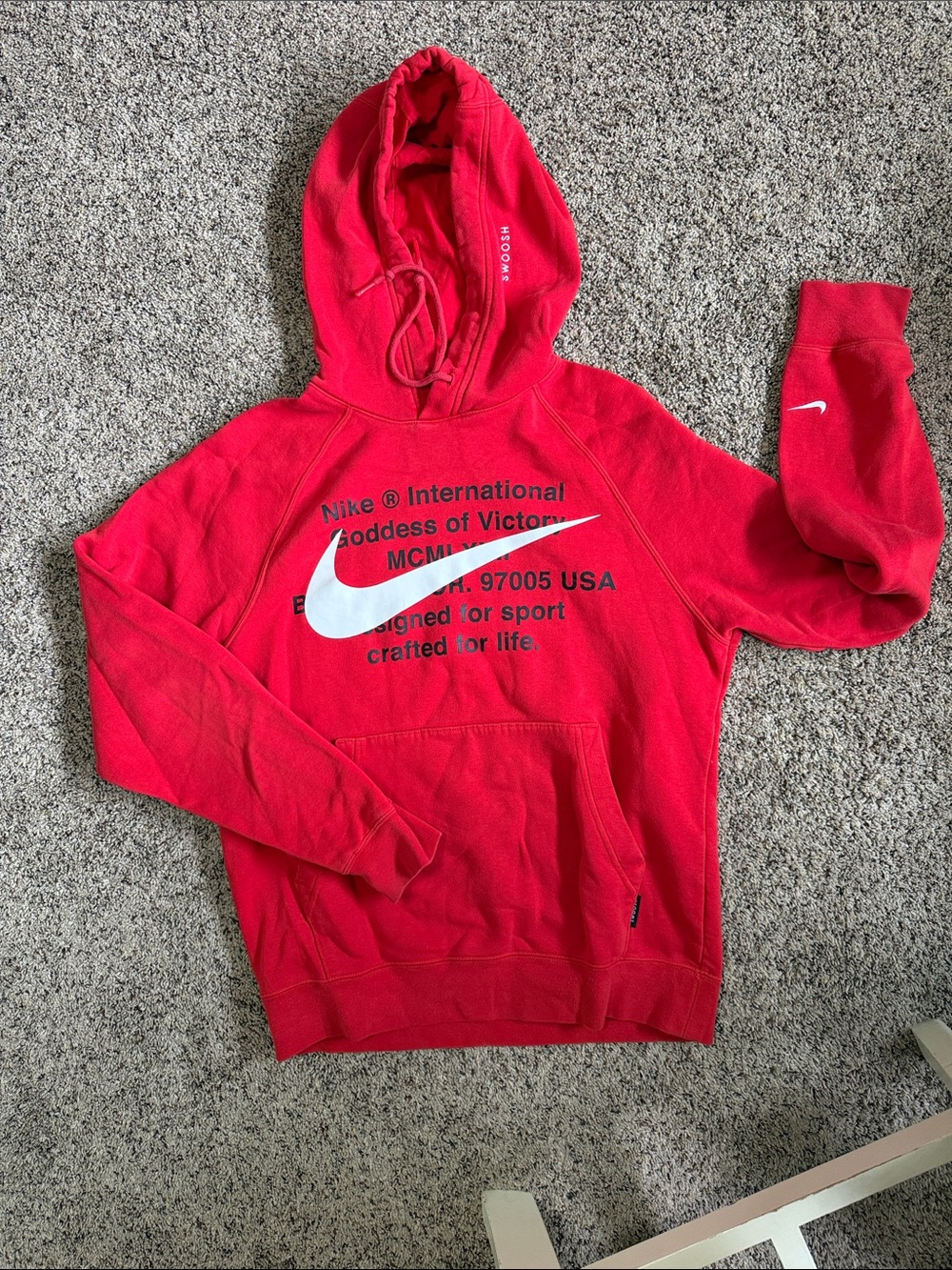 Nike Red Pullover Hoodie with Large White Swoosh and Text